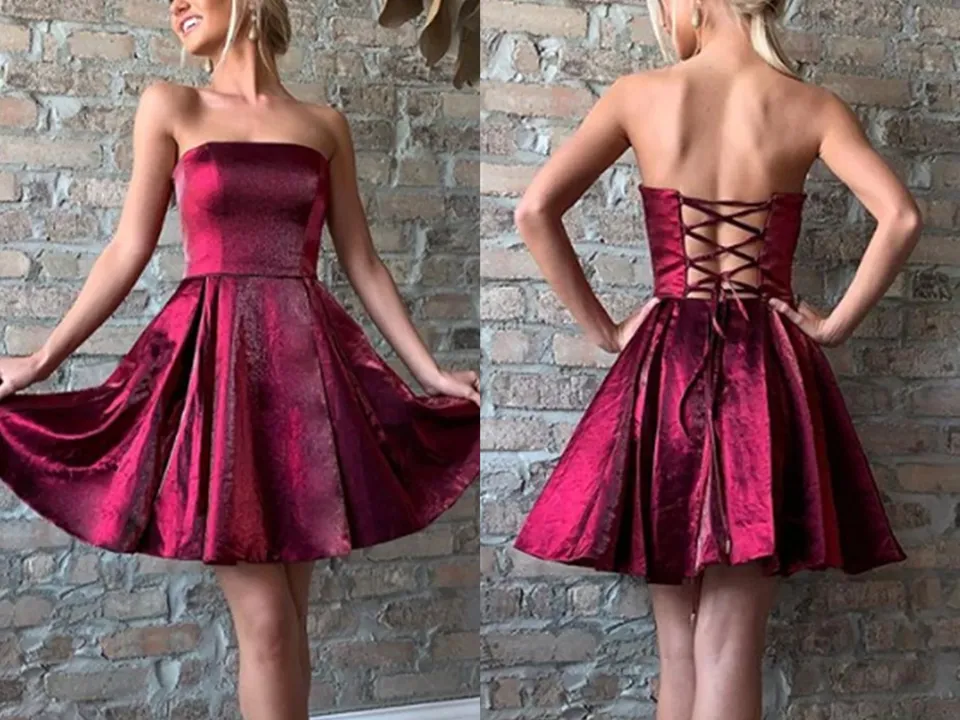 Strapless Burgundy Satin Short Homecoming Dresses,Party Dresses