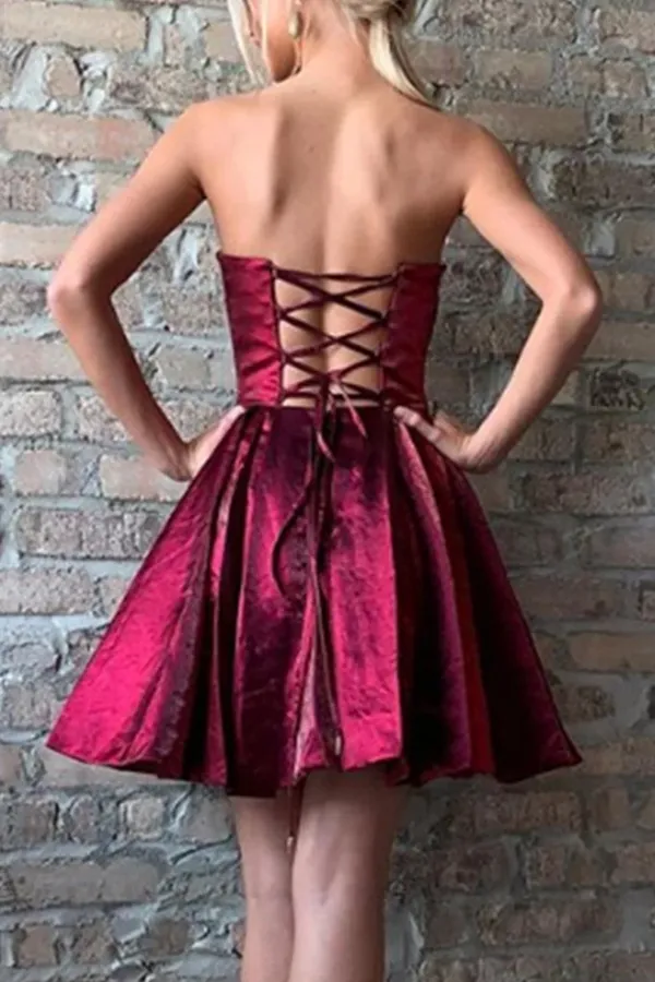 Strapless Burgundy Satin Short Homecoming Dresses,Party Dresses