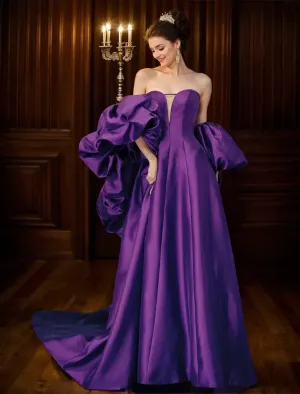 Strapless satin princess ballgown prom dress with detachable bishop sleeves