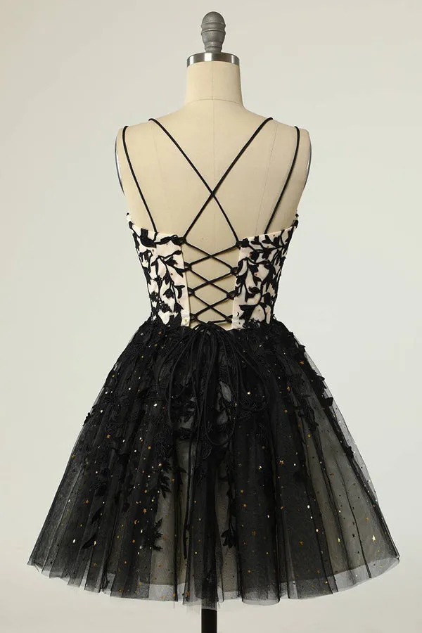 Straps Black Appliques Short Prom Dress Homecoming Dress with Sequins  PD475