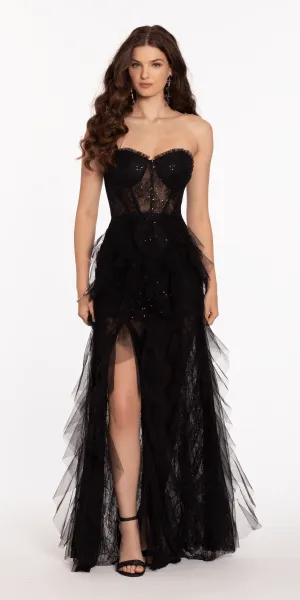 Sweetheart Illusion Corset Trumpet Dress with Mesh Cascades