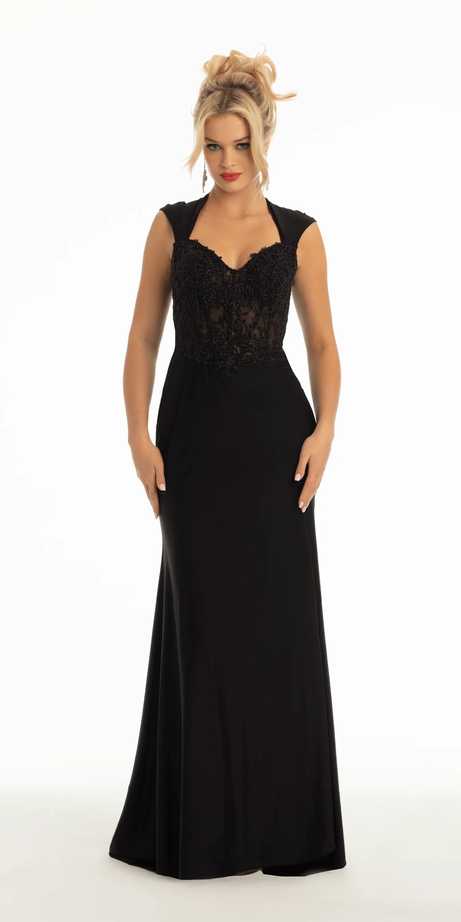 Sweetheart Lace Cap Sleeve Corset Column Dress with Keyhole Back