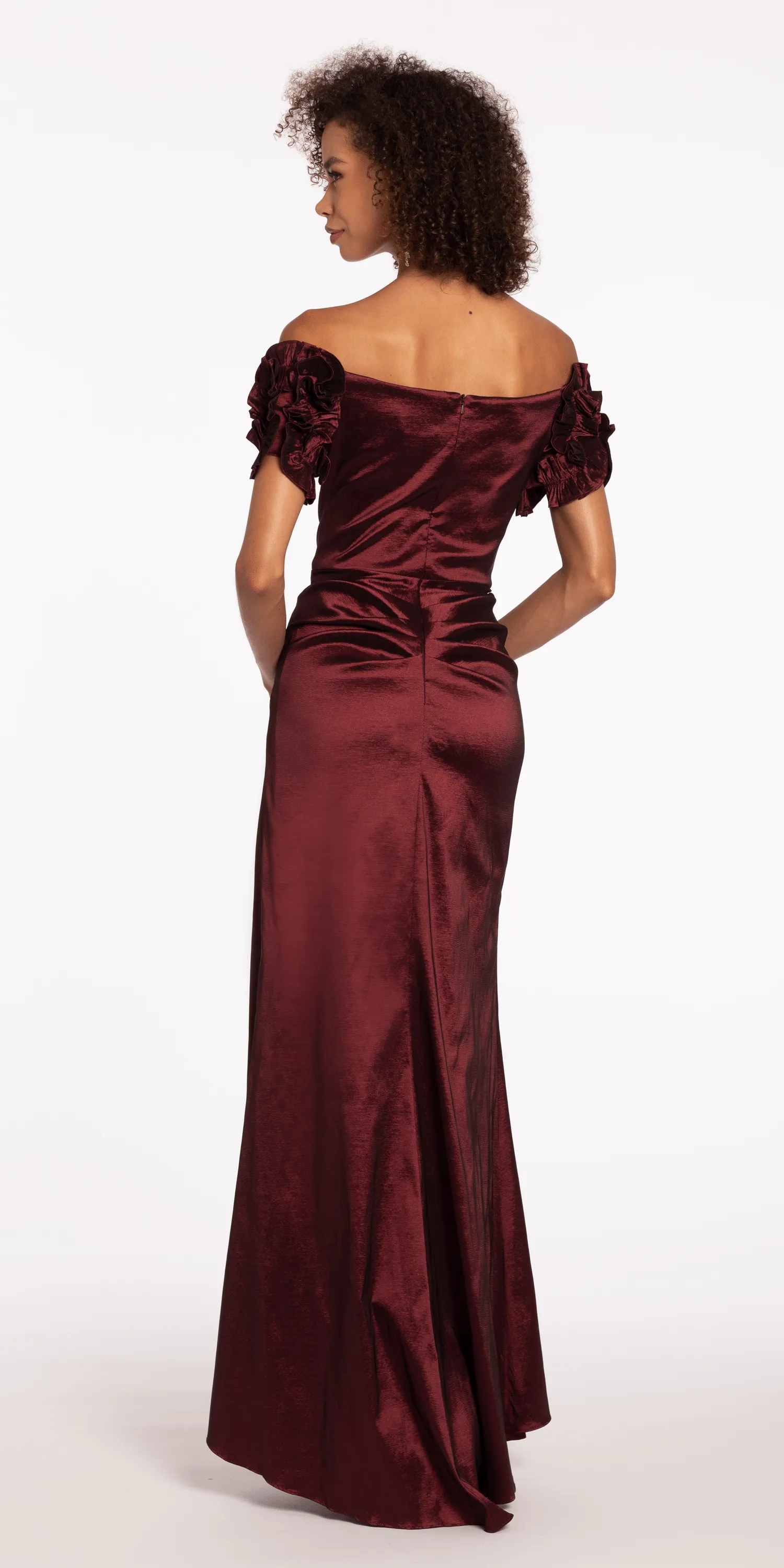 Taffeta Ruffle Off the Shoulder Trumpet Dress