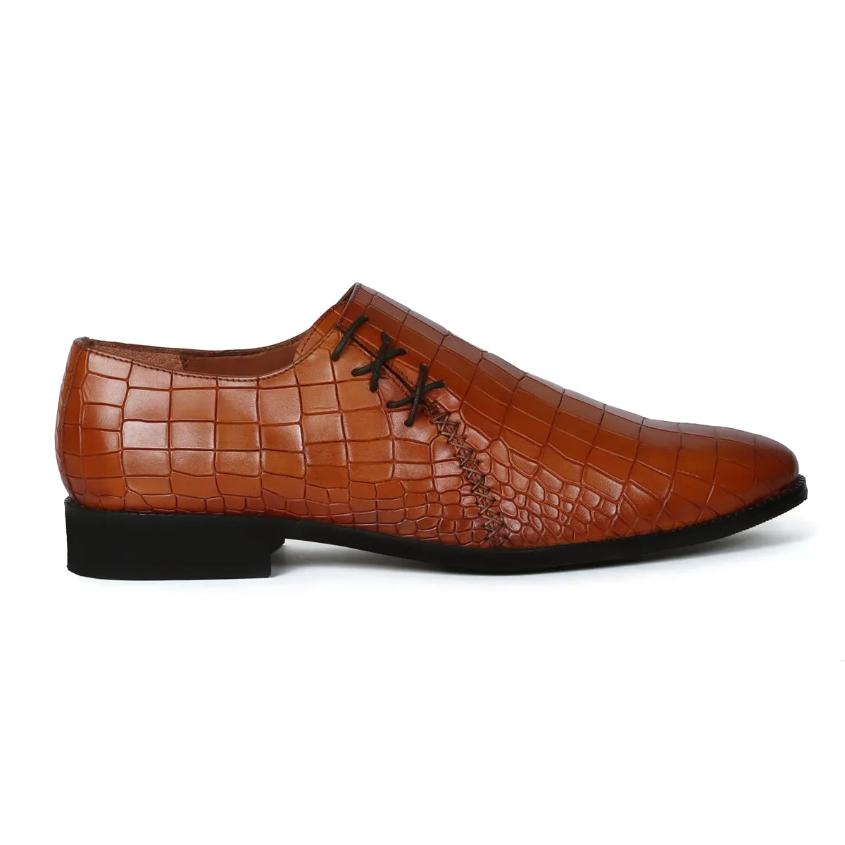 Tan Cross Stitched Oxford Side Lacing Full Deep Cut Croco Textured Leather Formal Shoes by Brune & Bareskin