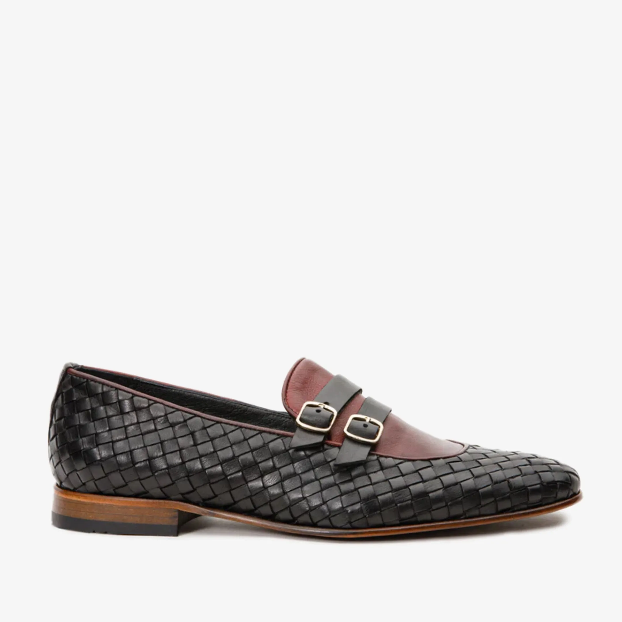 The Vatra Black & Burgundy Woven Double Monk Strap Men Shoe