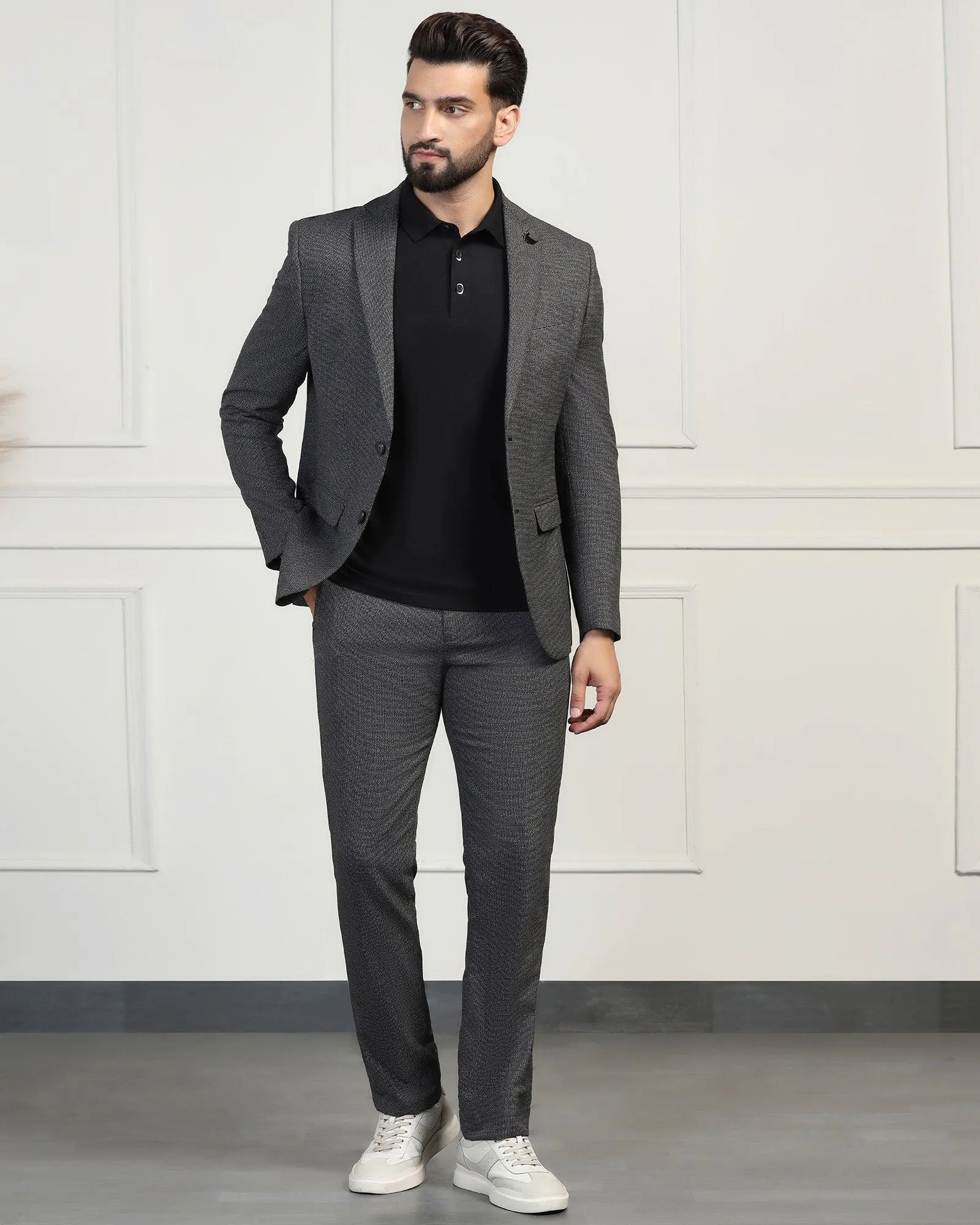 Three Piece Black Textured Formal Suit - Helm