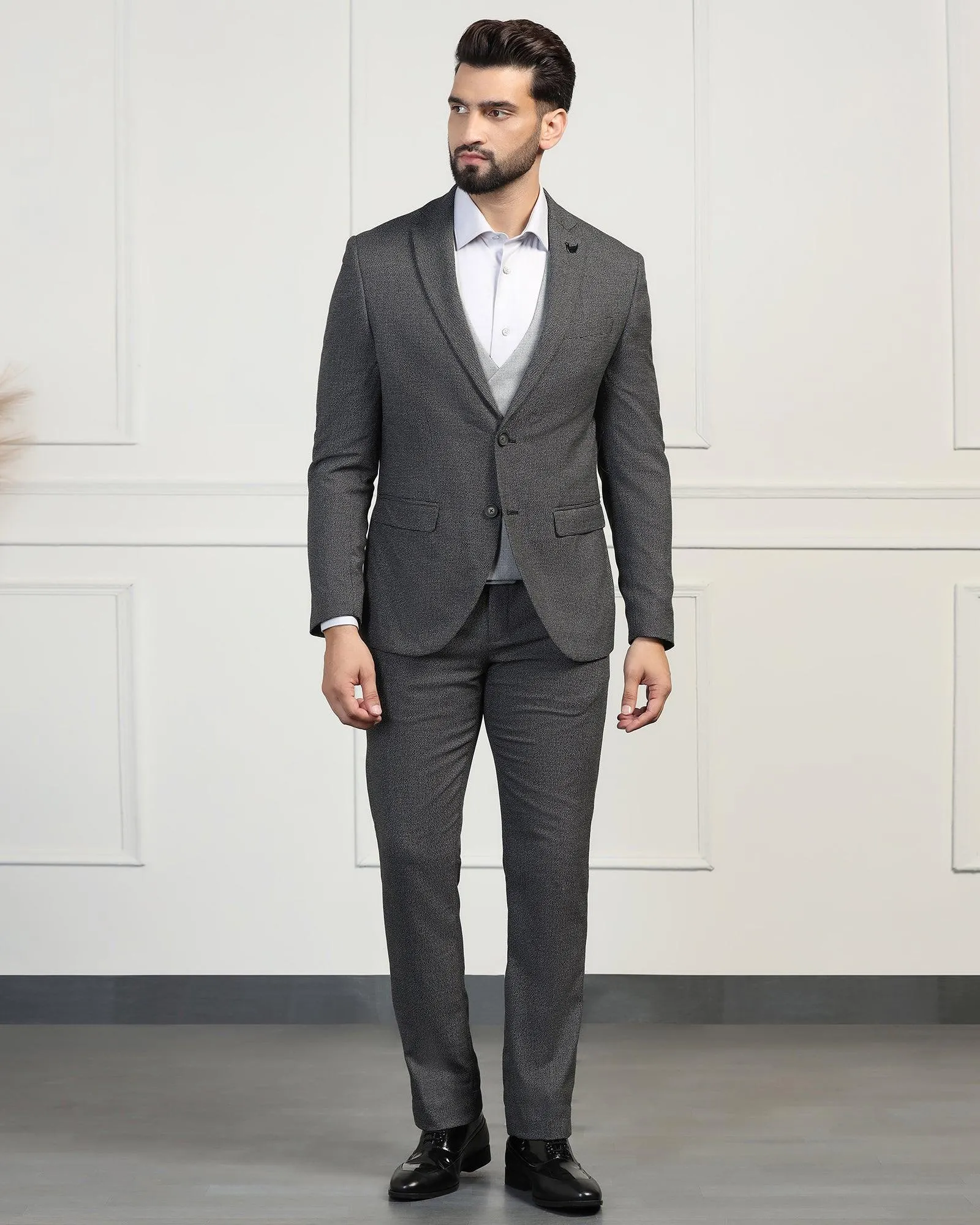 Three Piece Black Textured Formal Suit - Helm