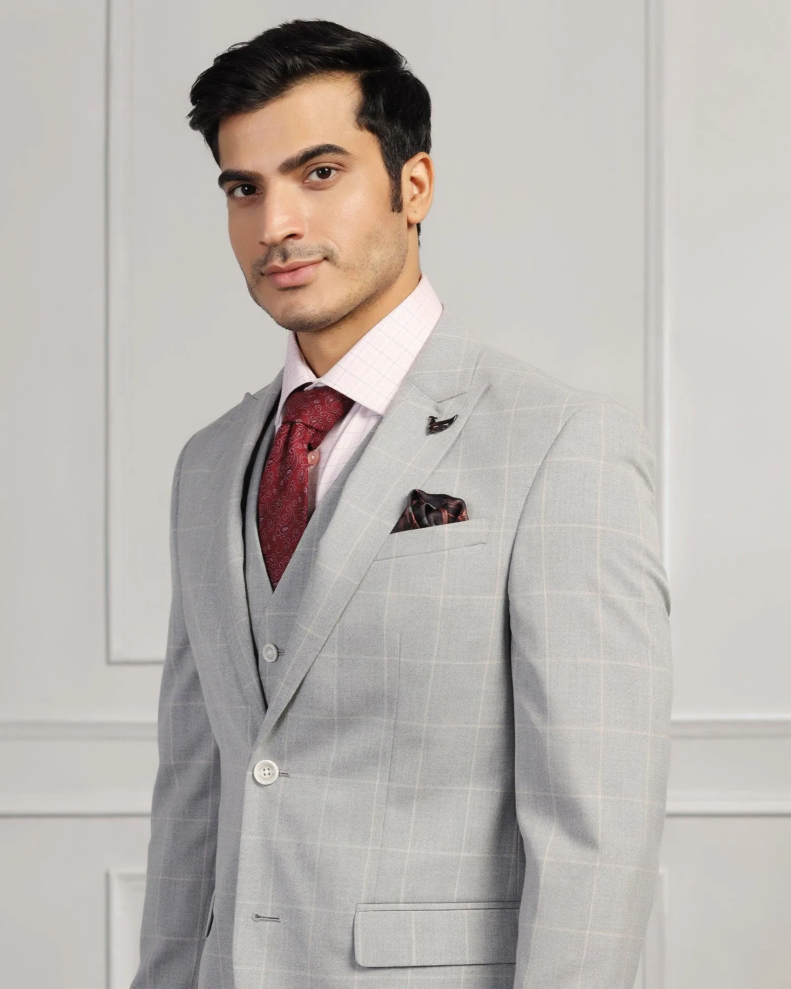 Three Piece Grey Check Formal Suit - Forex