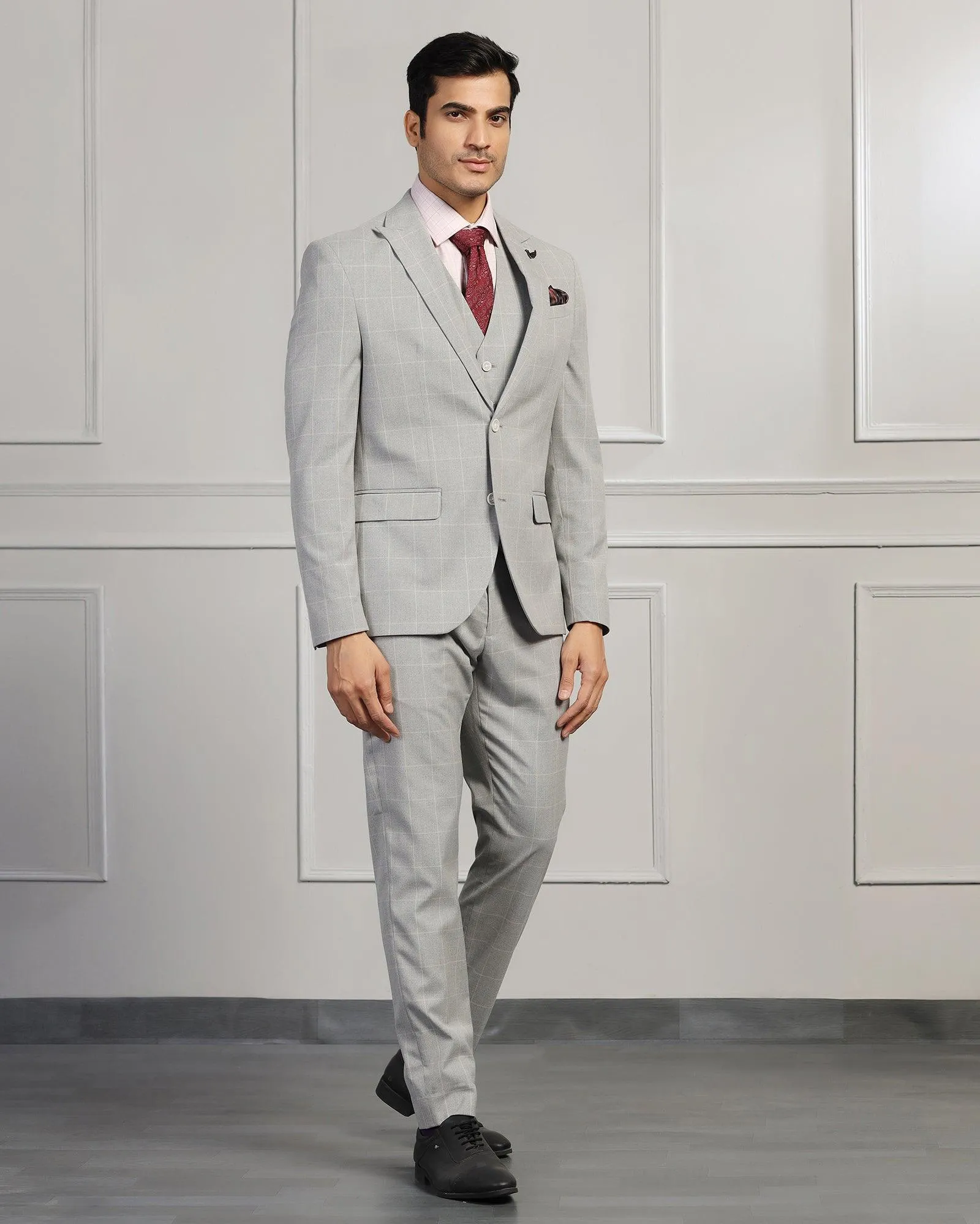 Three Piece Grey Check Formal Suit - Forex