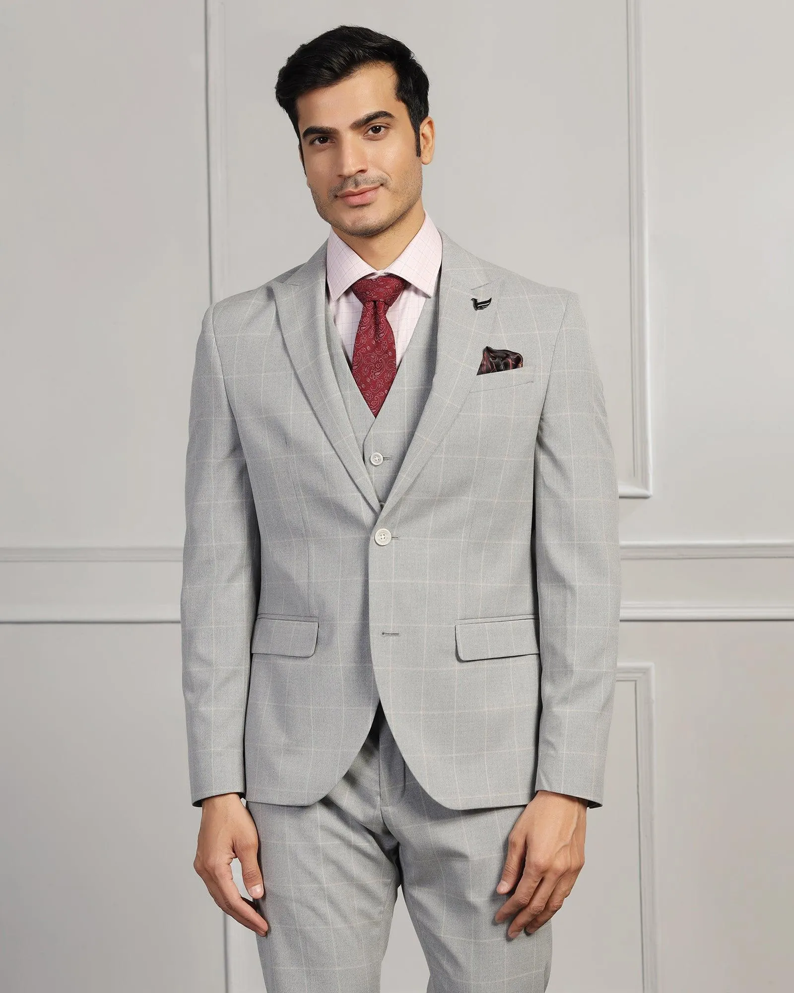 Three Piece Grey Check Formal Suit - Forex