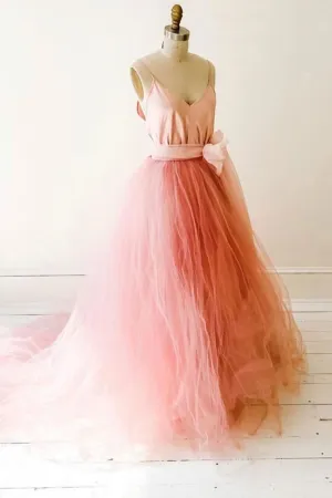 Tulle Princess Long Prom Dress,Formal Dresses A-line V-neck Formal Gown