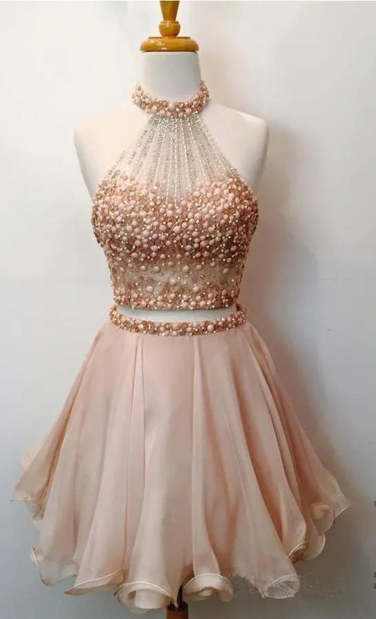 Two Piece Halter Homecoming Dresses Blush Pink Short Prom Dresses  PD289