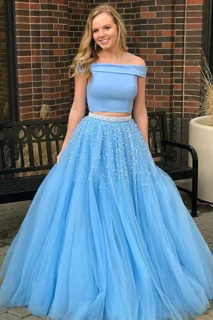 Two Piece Open Back Blue Tulle Prom Dress with Beading PG587