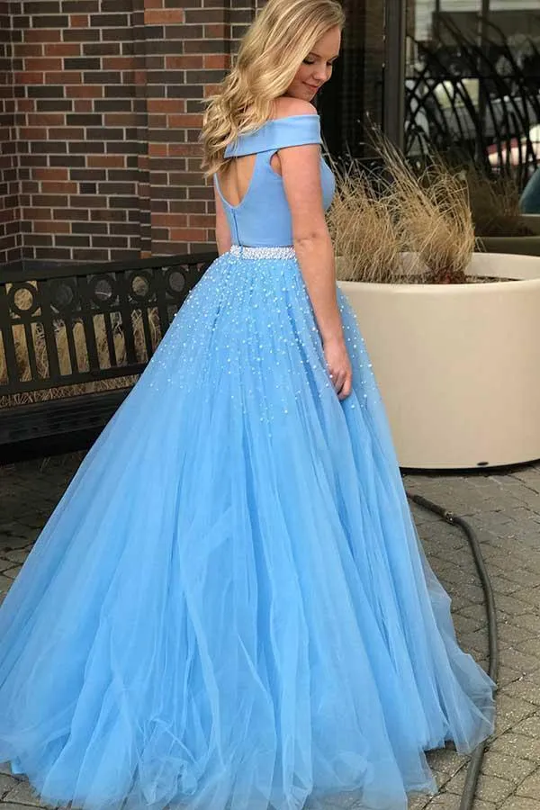 Two Piece Open Back Blue Tulle Prom Dress with Beading PG587