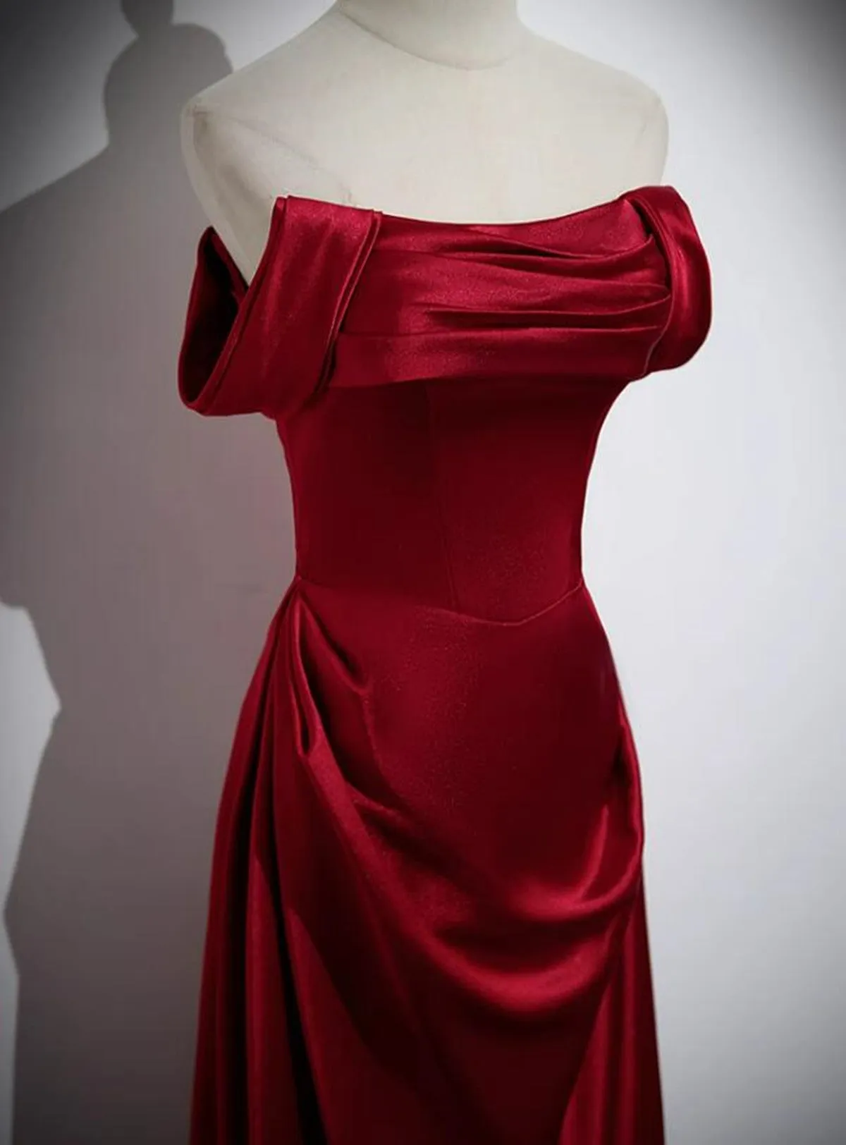 Uniwim 2024 Wine Red Satin Off Shoulder Long Party Dress, A-line Satin Prom Dress