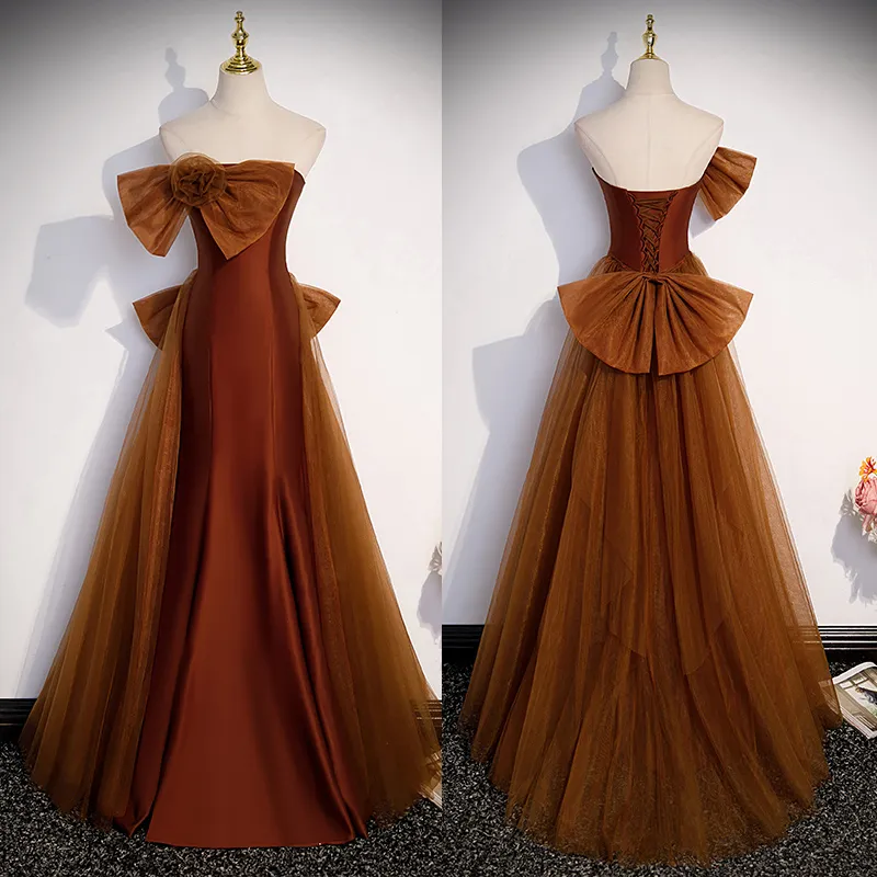 Uniwim Brown Tulle and Satin Mermaid Long Party Dress, Long Formal Dress Prom Dress