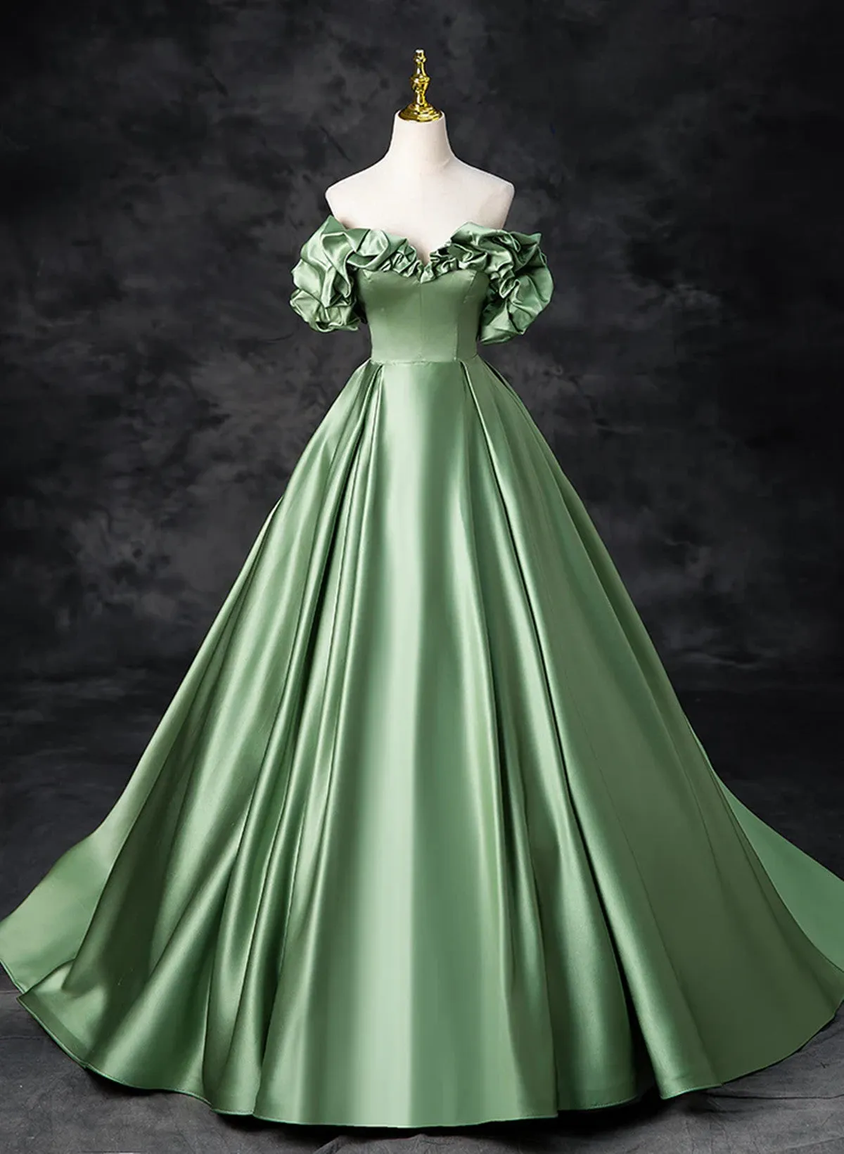 Uniwim Green Satin Off Shoulder Long Party Dress, A-line Green Prom Dress