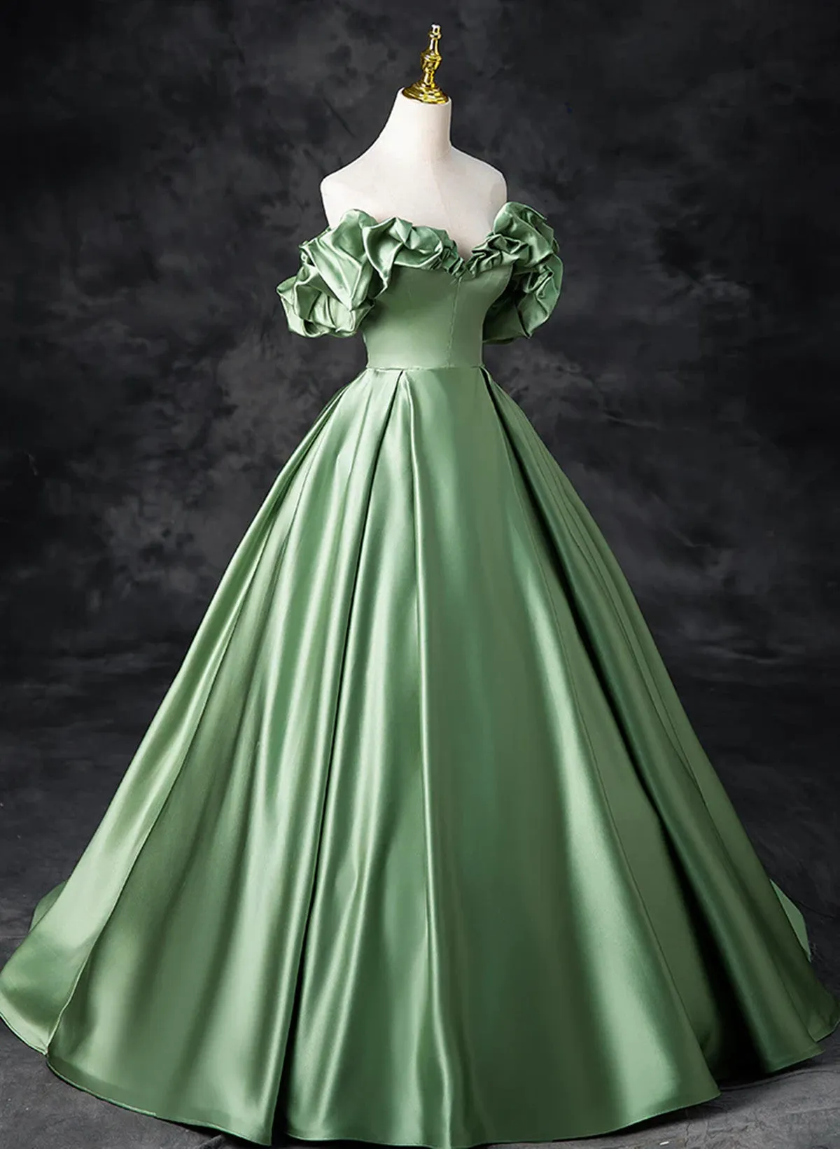 Uniwim Green Satin Off Shoulder Long Party Dress, A-line Green Prom Dress