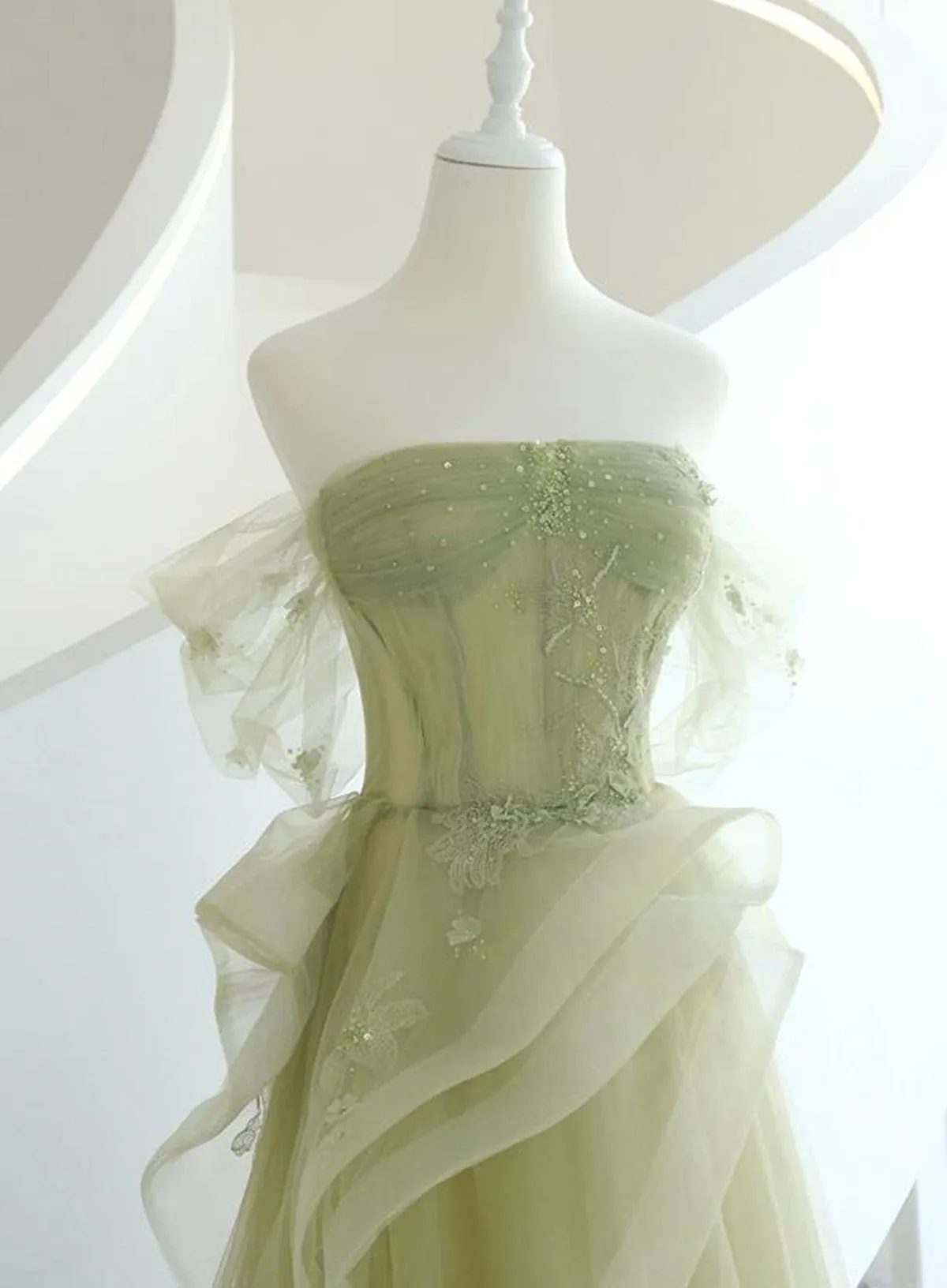 Uniwim Light Green Tulle with Beaded A-line Prom Dress, Light Green Evening Dress Party Dress