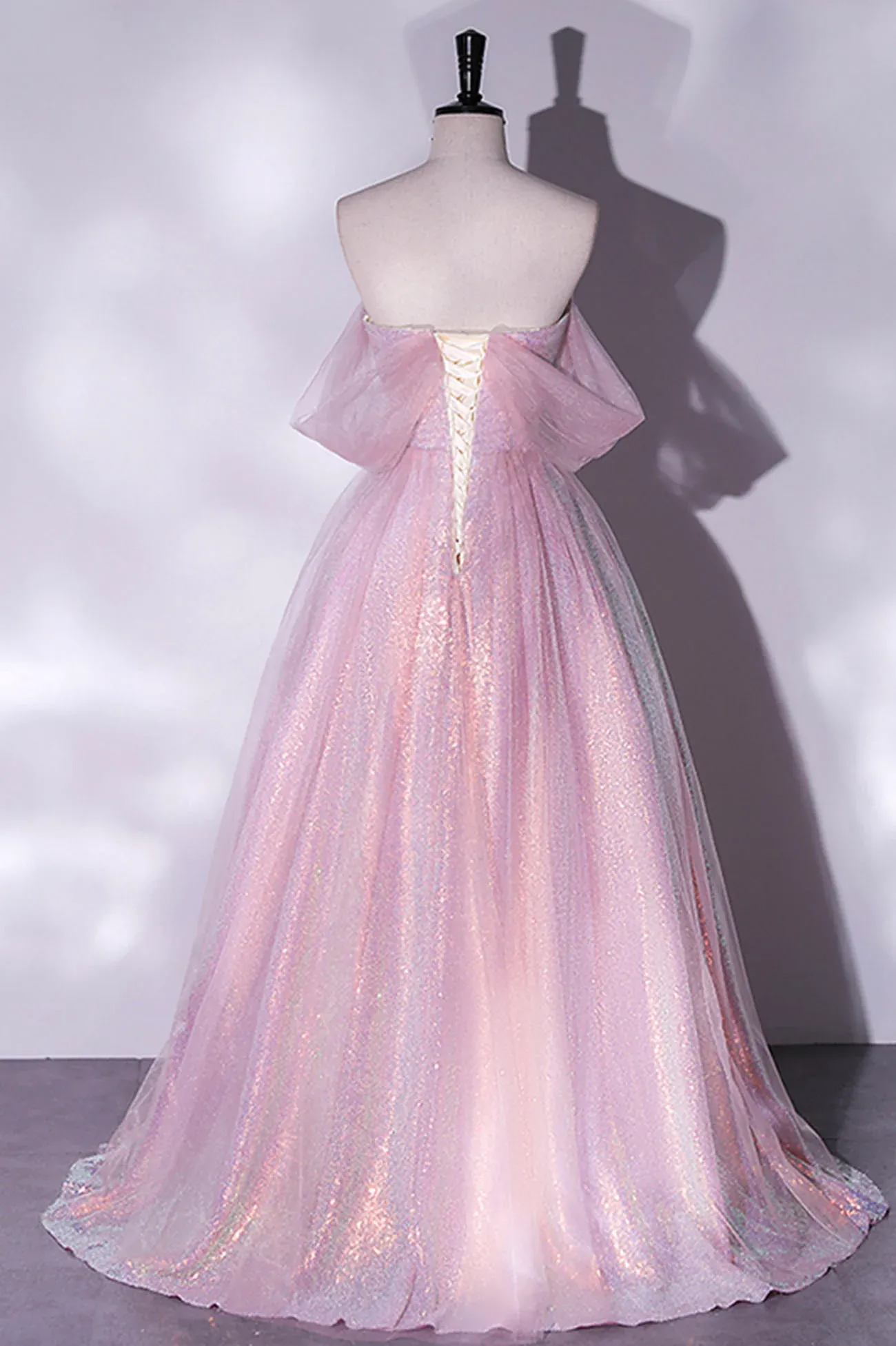 Uniwim Pink Tulle and Sequins Sweetheart Long Party Dress, A-line Pink Prom Dress