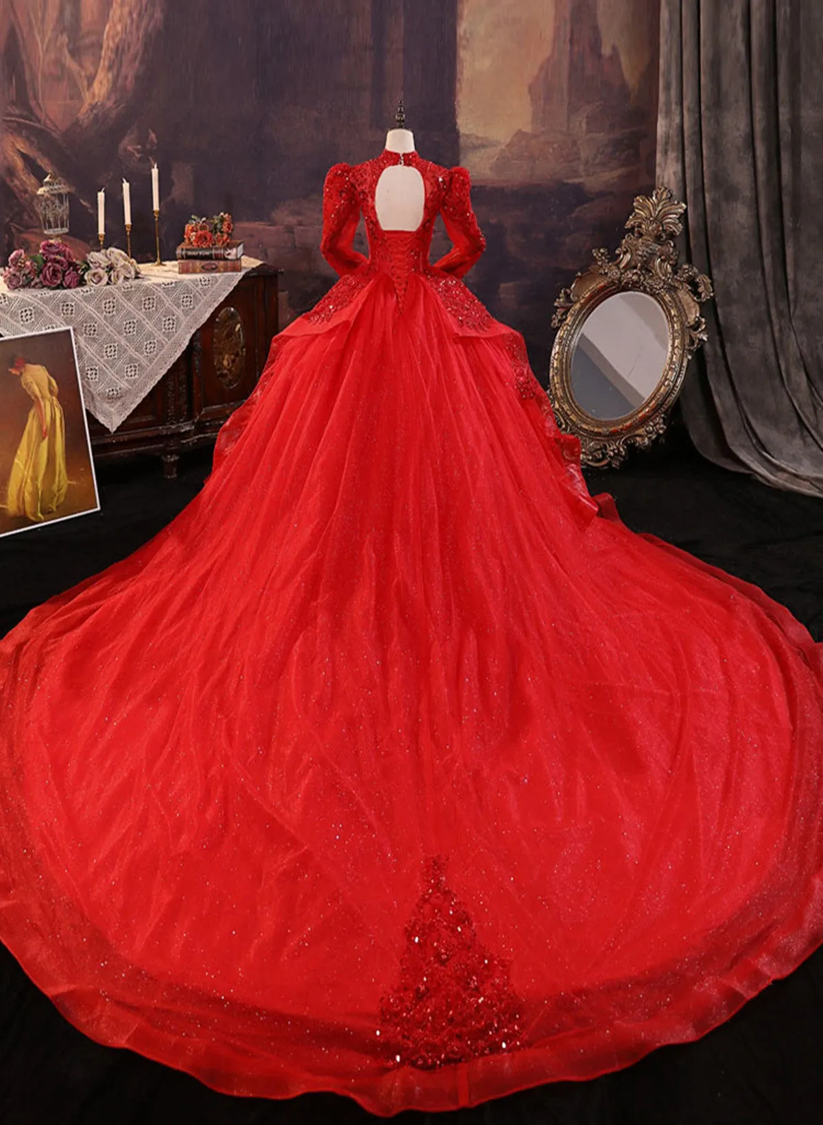 Uniwim Red Tulle Ball Gown Long Sleeves Sequins Wedding Party Dress, Red Tulle Formal Dress