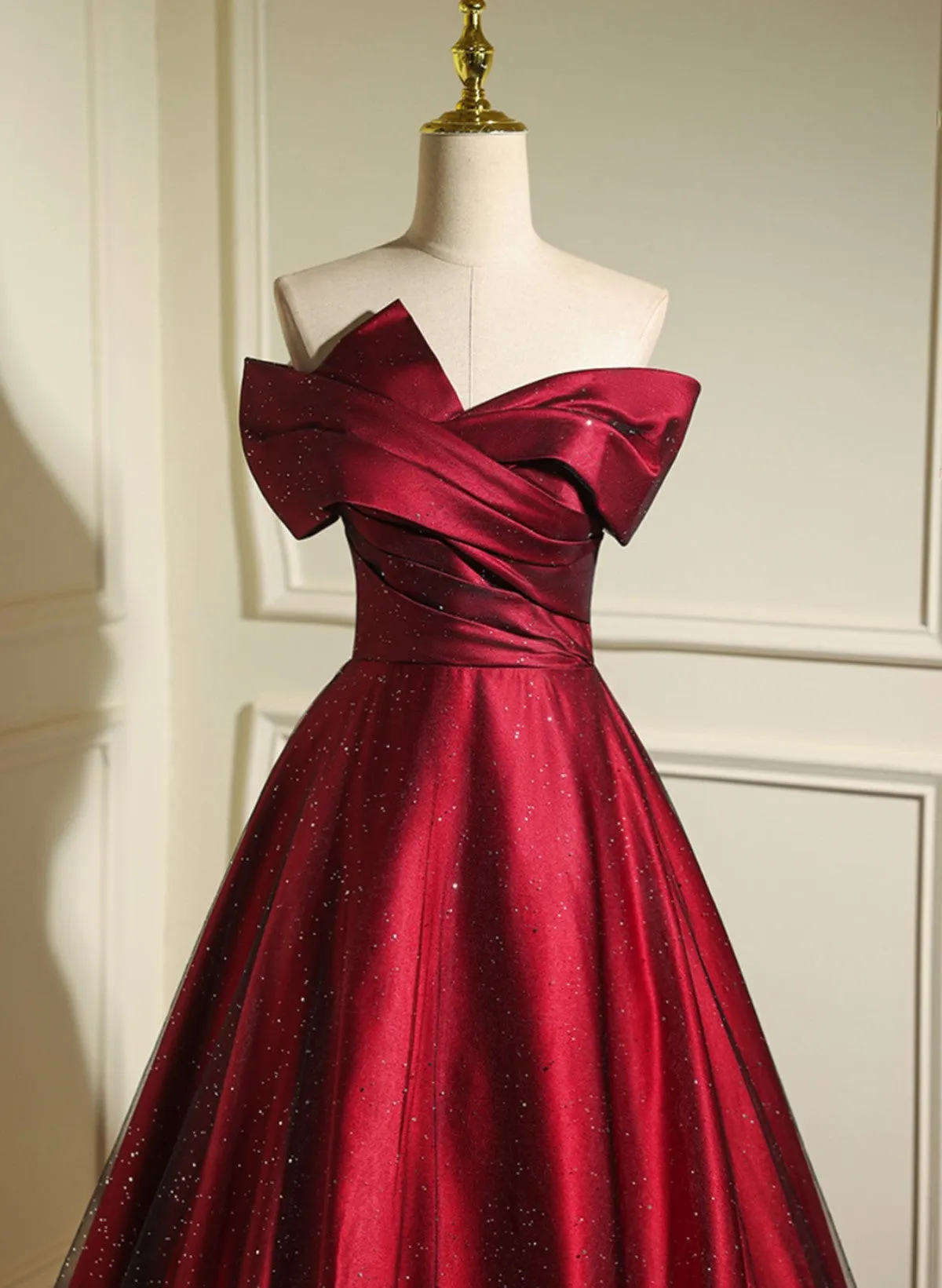 Uniwim Wine Red and Black Sweetheart Off Shoulder Prom Dress, A-line Evening Dress