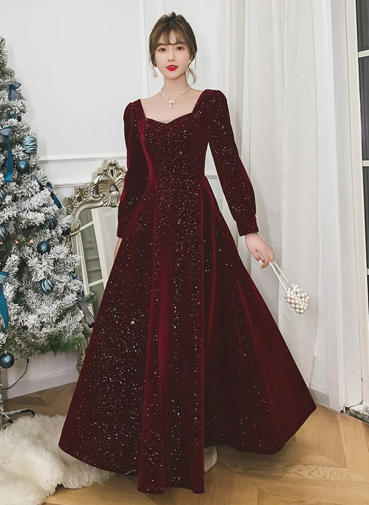 Uniwim Wine Red Velvet Long Sleeves A-line Party Dress, Wine Red Long Formal Dress