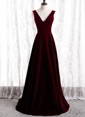 Uniwim Wine Red Velvet V-neckline Simple Long Party Dress, Wine Red Bridesmaid Dress