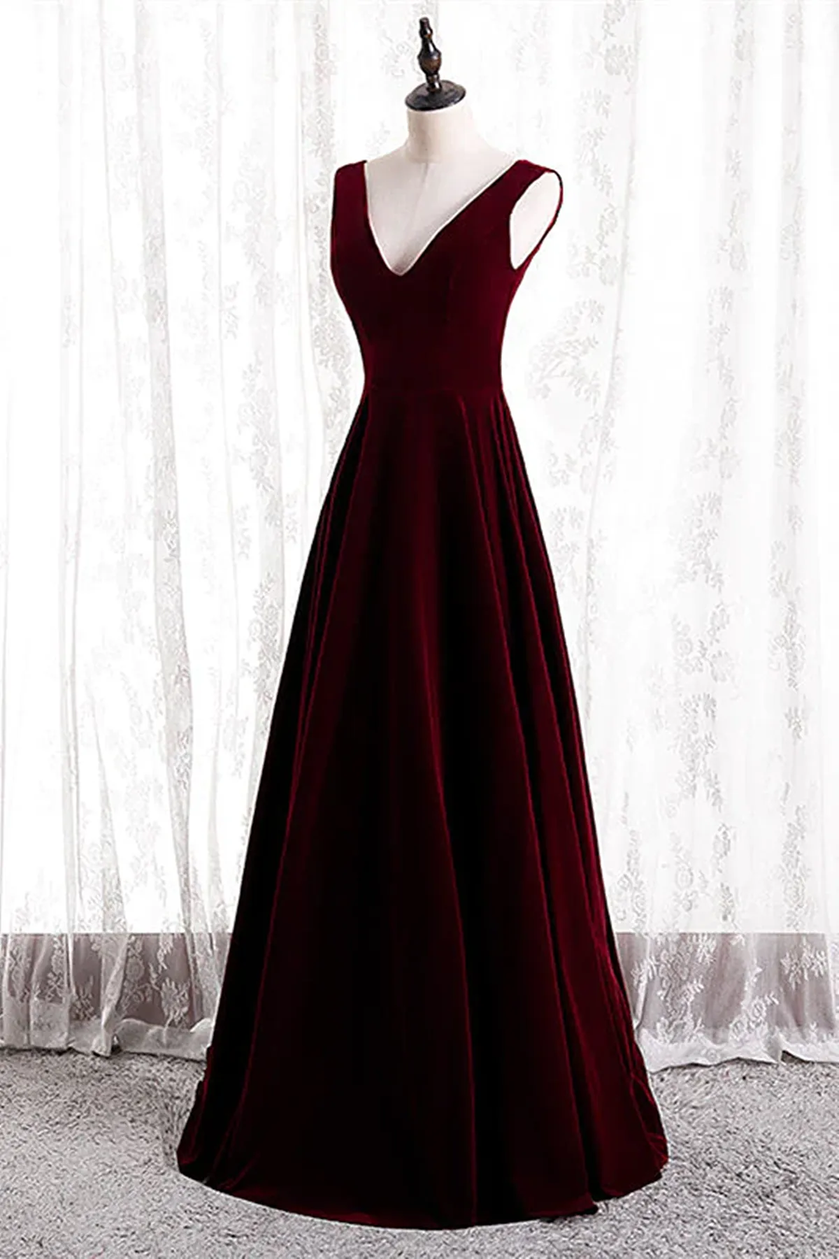 Uniwim Wine Red Velvet V-neckline Simple Long Party Dress, Wine Red Bridesmaid Dress