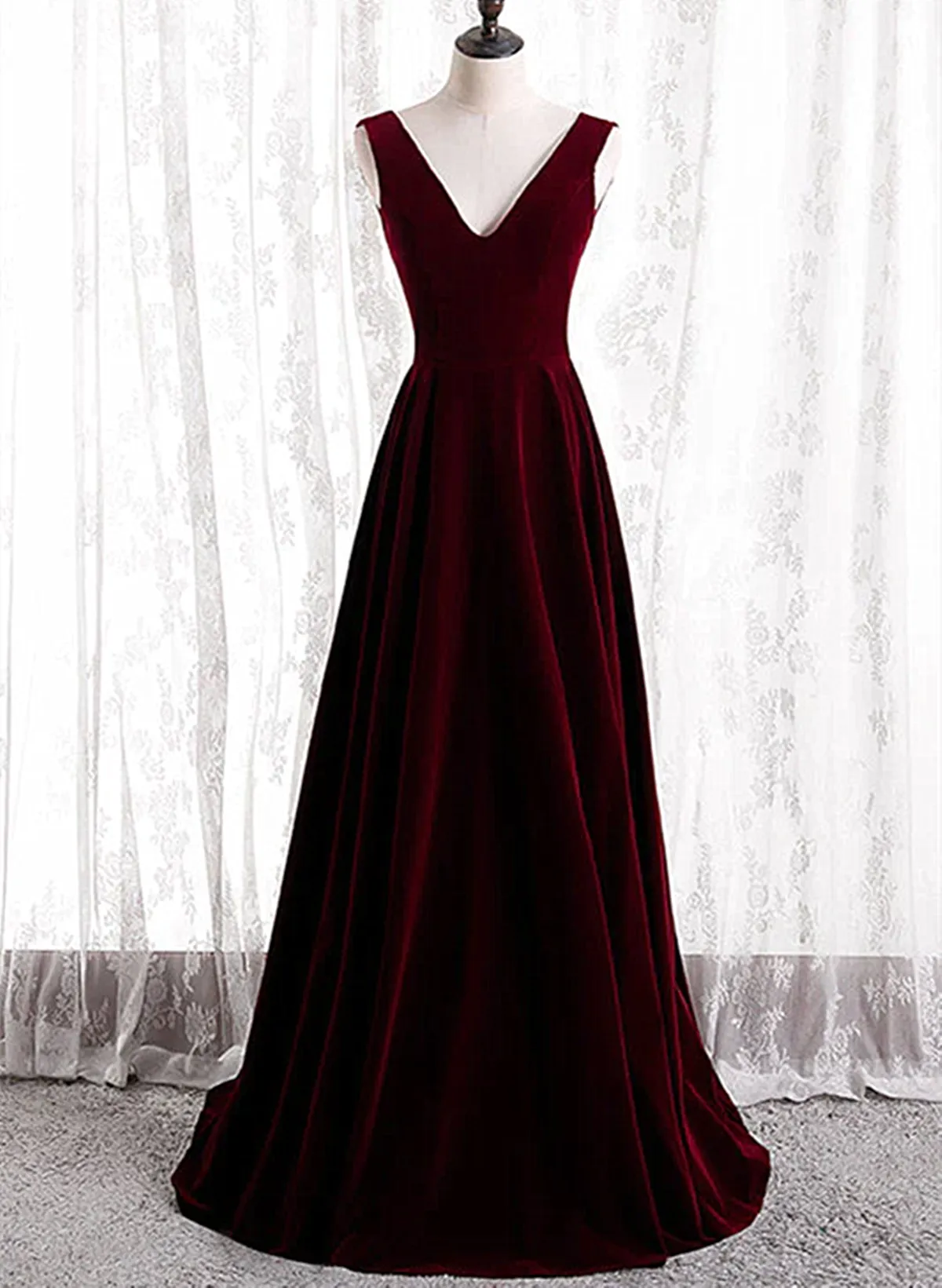 Uniwim Wine Red Velvet V-neckline Simple Long Party Dress, Wine Red Bridesmaid Dress