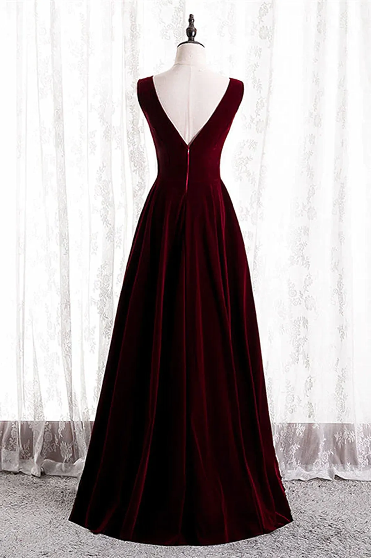 Uniwim Wine Red Velvet V-neckline Simple Long Party Dress, Wine Red Bridesmaid Dress