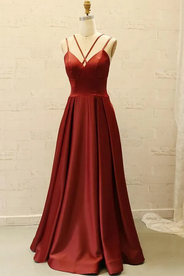 V Neck Spaghetti Straps Burgundy Satin Split Long Prom Dress with Pockets PG798