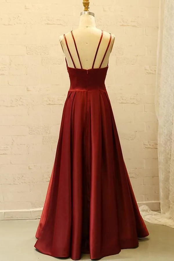 V Neck Spaghetti Straps Burgundy Satin Split Long Prom Dress with Pockets PG798