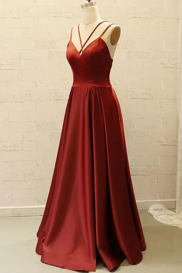 V Neck Spaghetti Straps Burgundy Satin Split Long Prom Dress with Pockets PG798