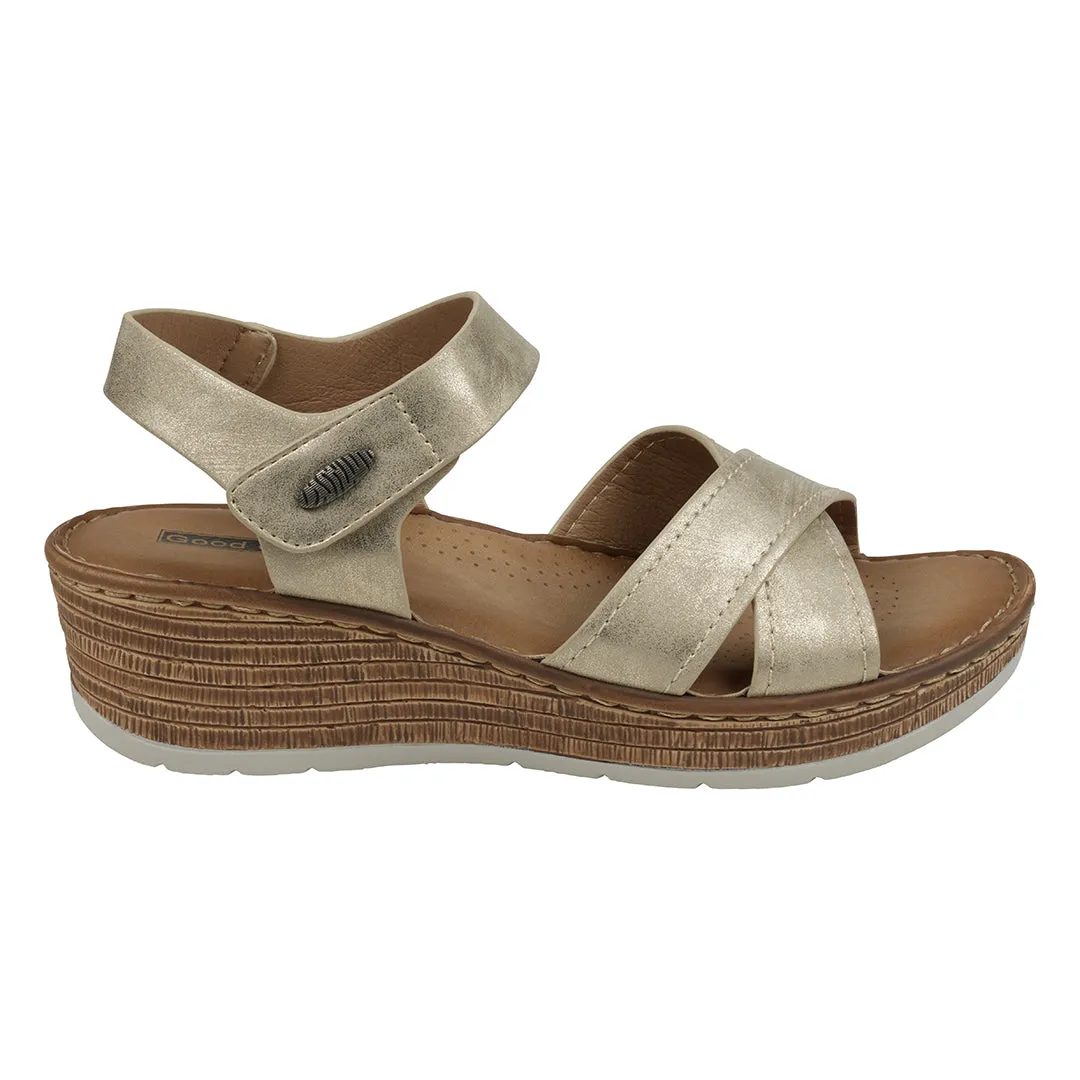 Vienna Beige Cross Strap Velcro Slingback Wedge Sandals