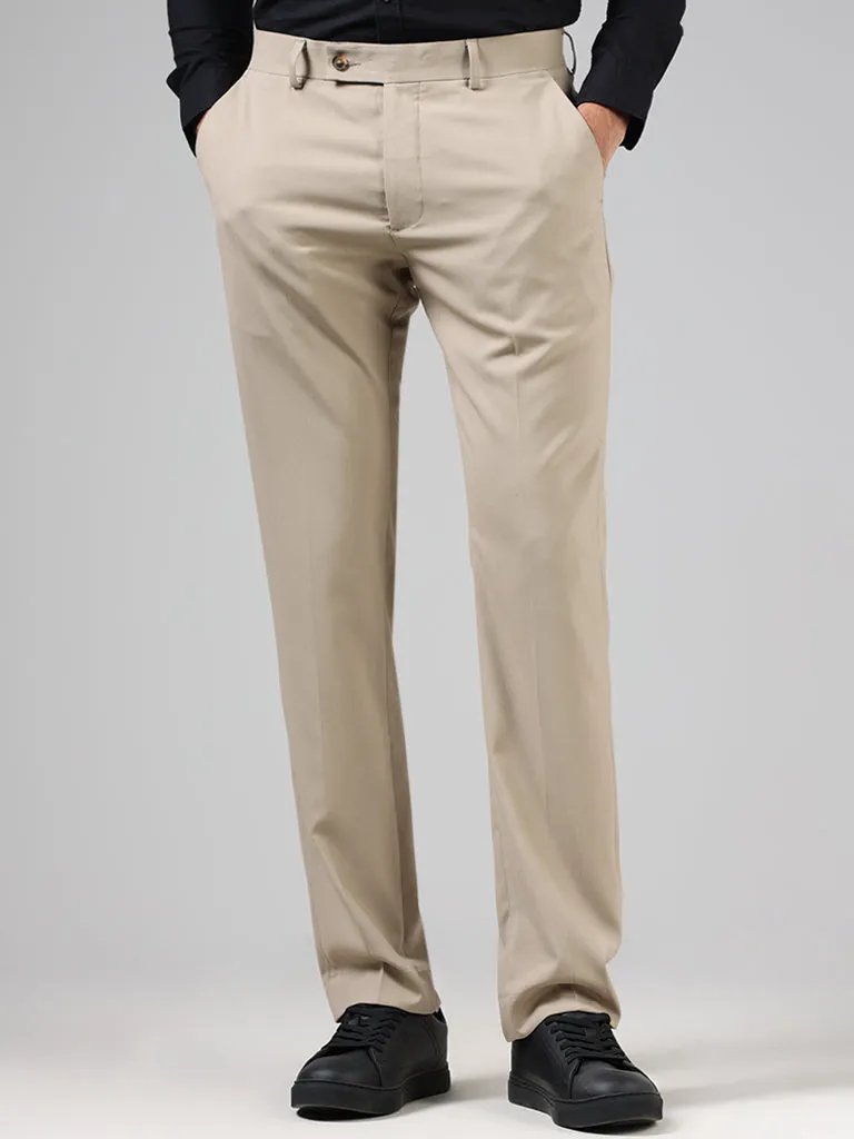 WES Formals Solid Light Khaki Relaxed-Fit Mid-Rise Trousers