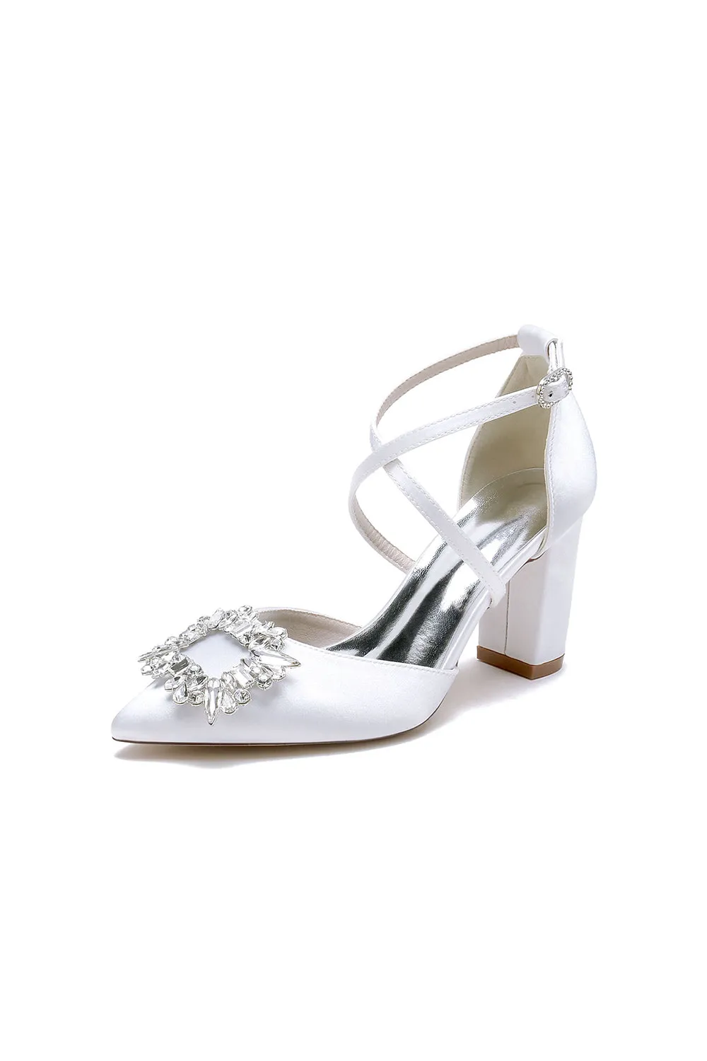 White Satin Pump with Crystal-Embellished Cross-Strap