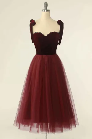 Wine Red Sweetheart Tie-Strap A-Line Short Prom Dress