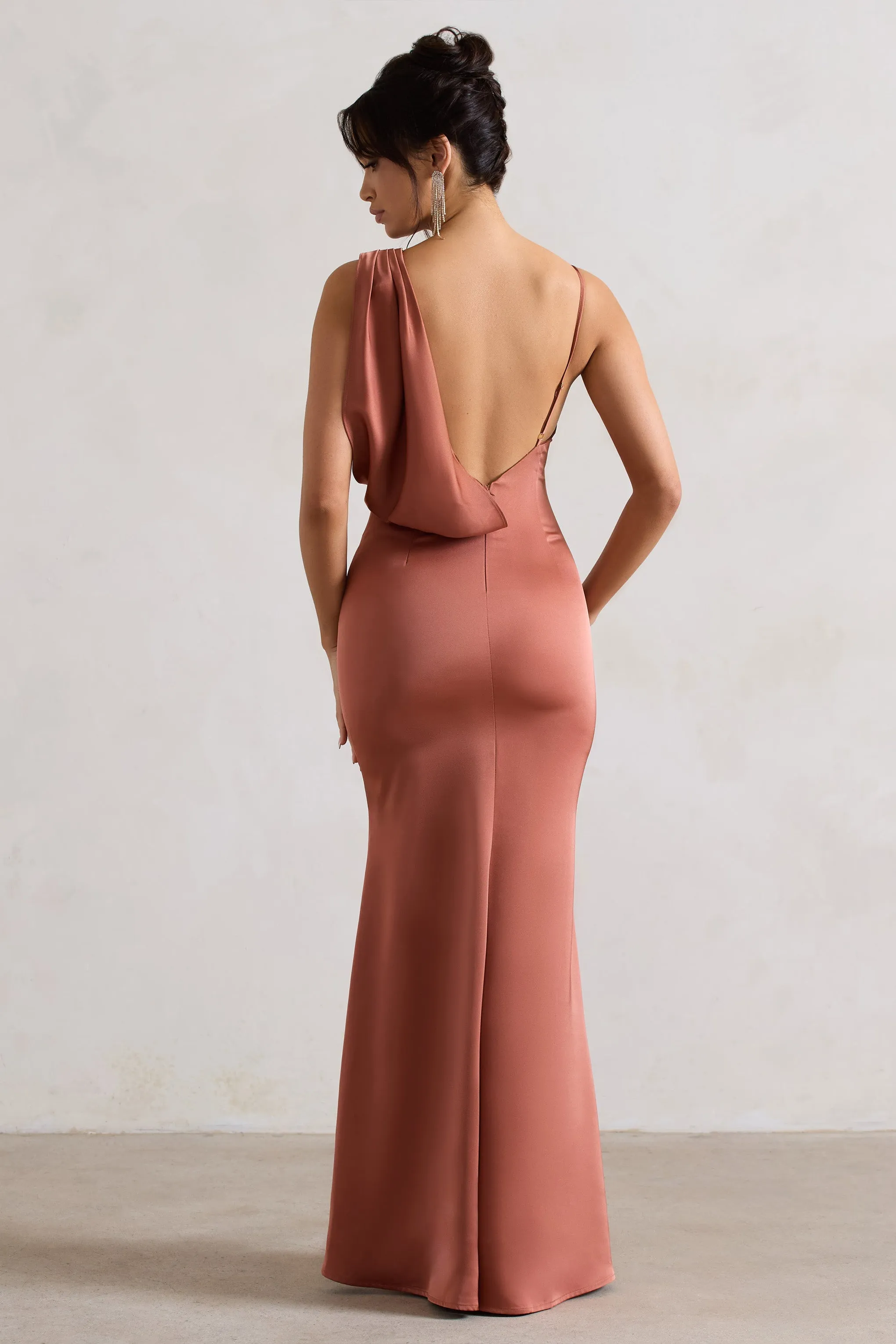 Wistful | Rust Satin Asymmetric Cowl-Neck Maxi Dress